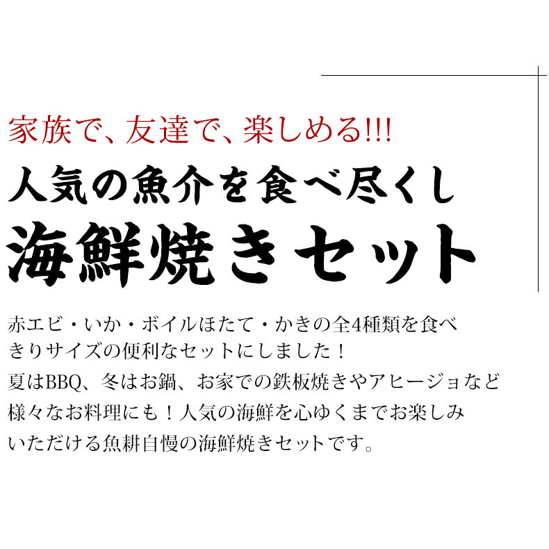 海鮮バーベキューセット 4種 20品 約3人前 BBQ 冷凍 【海鮮/バーベキュー/キャンプ/海鮮焼き/鉄板焼き/食材/魚/海産物/鍋/海鮮鍋セット/海鮮セット/寄せ鍋/ホームパーティー/お取り寄せ】【赤えび/エビ/海老/かき/カキ/牡蠣/ボイルほたて/ホタテ/帆立/イカ/いか】