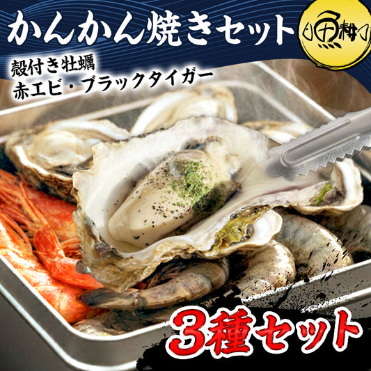ガンガン焼き カンカン焼き お取り寄せ 海鮮 3種 バーベキュー セット 冷凍 約4-5人前<br>【浜焼き/牡蠣/かき/カキ/殻付き/ブラックタイガー/有頭/海老/えび/赤エビ/あかえび/BBQ/魚介/貝/一斗缶/バーベキューセット/缶焼き/アウトドア/キャンプ】