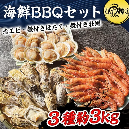海鮮バーベキューセット 3種 合計約3kg BBQ 冷凍 【海鮮/バーベキュー/キャンプ/海鮮焼き/鉄板焼き/食材/魚/貝/海産物/鍋/海鮮鍋セット/海鮮セット/寄せ鍋/ホームパーティー/お取り寄せ】【赤えび/エビ/海老/ほたて/ホタテ/帆立/殻付き/牡蠣/カキ/カンカン焼き】